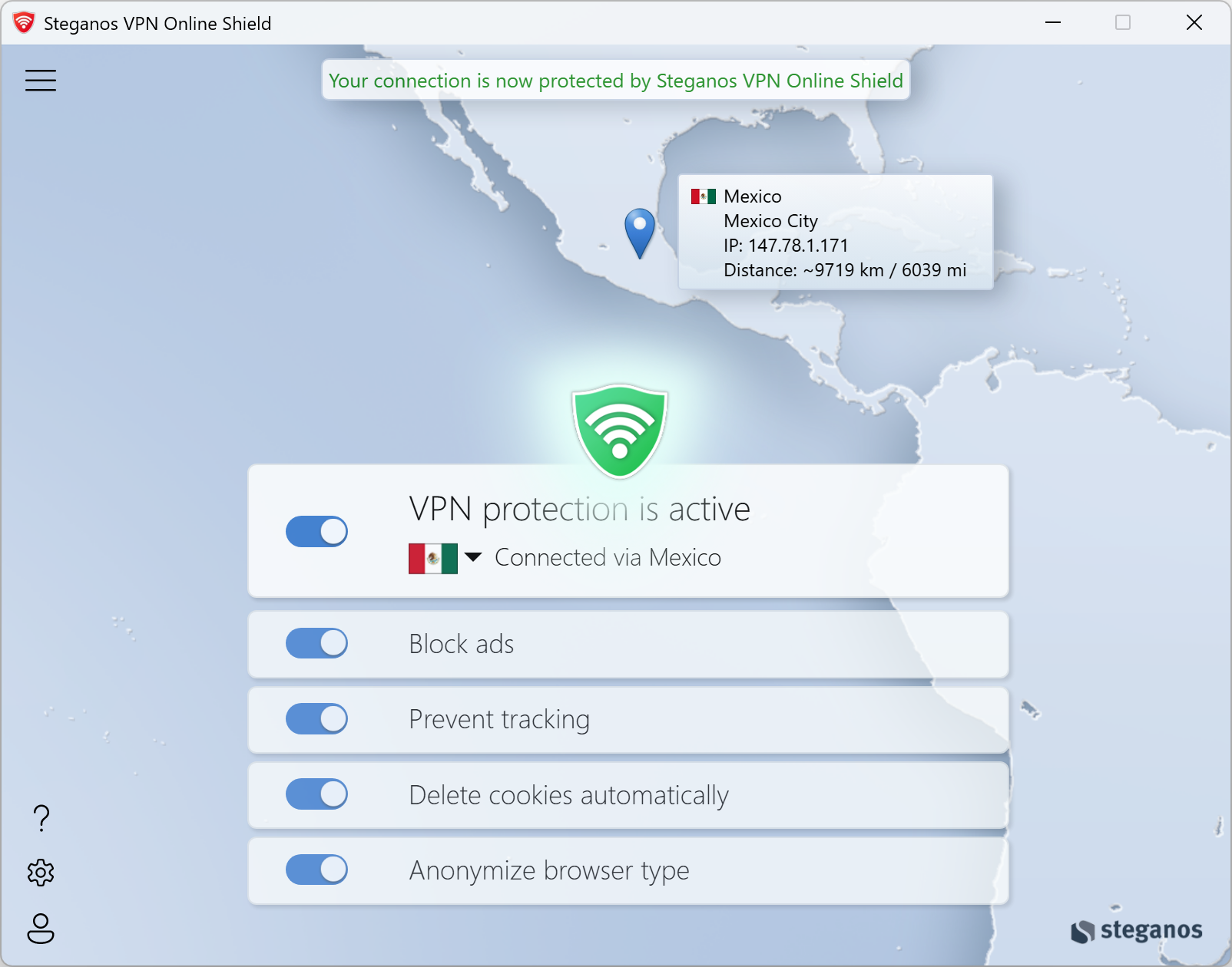 Steganos VPN Online Shield – the four protection switches in the Windows app